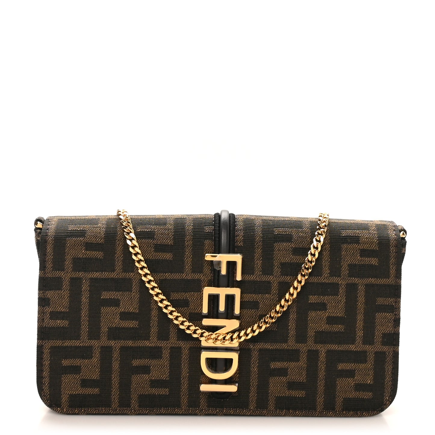 Fabric Jacquard Vitello Grace FF 1974 Fendigraphy Wallet On Chain Tobacco Moro Ebano