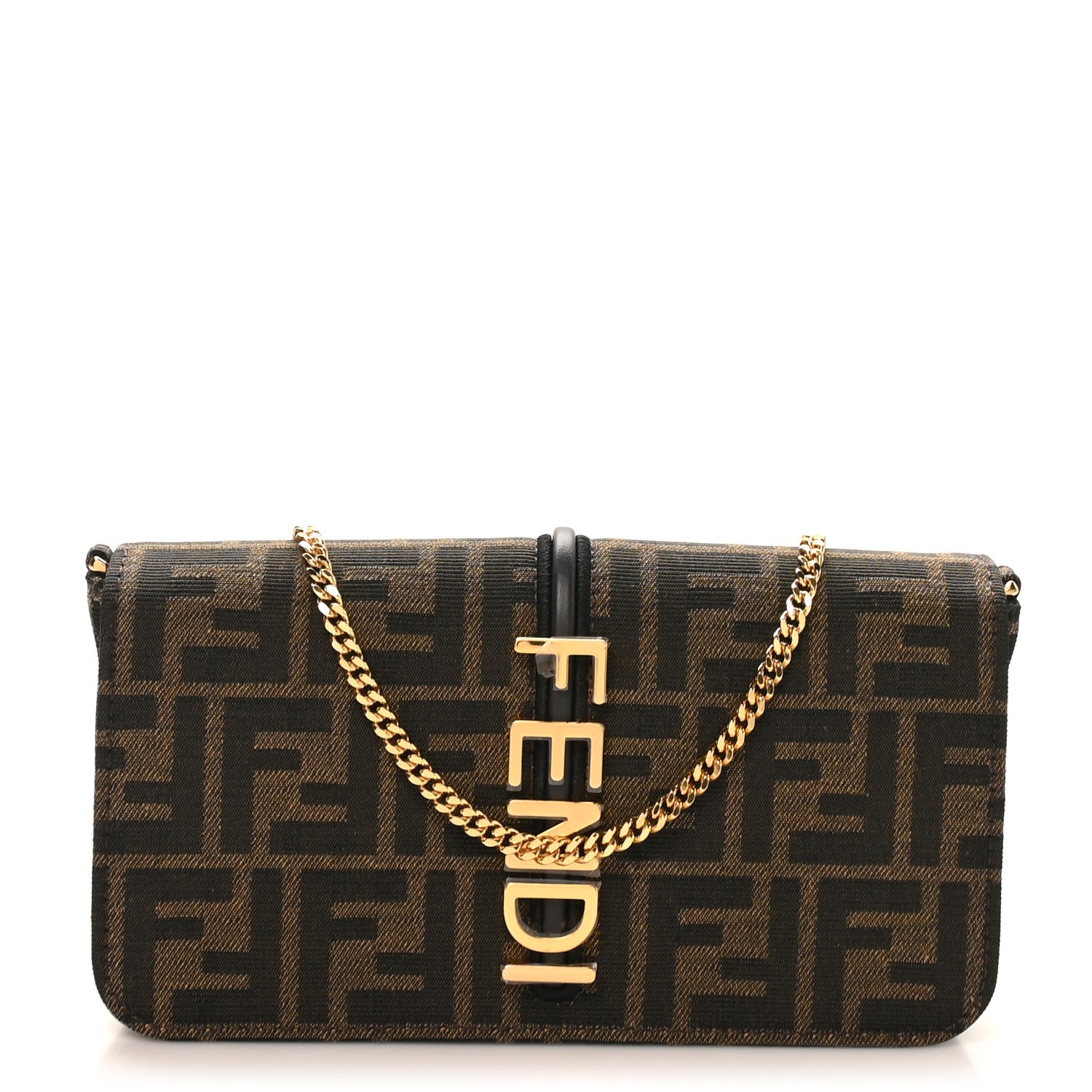 Fendi Fabric Jacquard Vitello Grace FF 1974 Fendigraphy Wallet On Chain Tobacco Moro Ebano 4 of 10