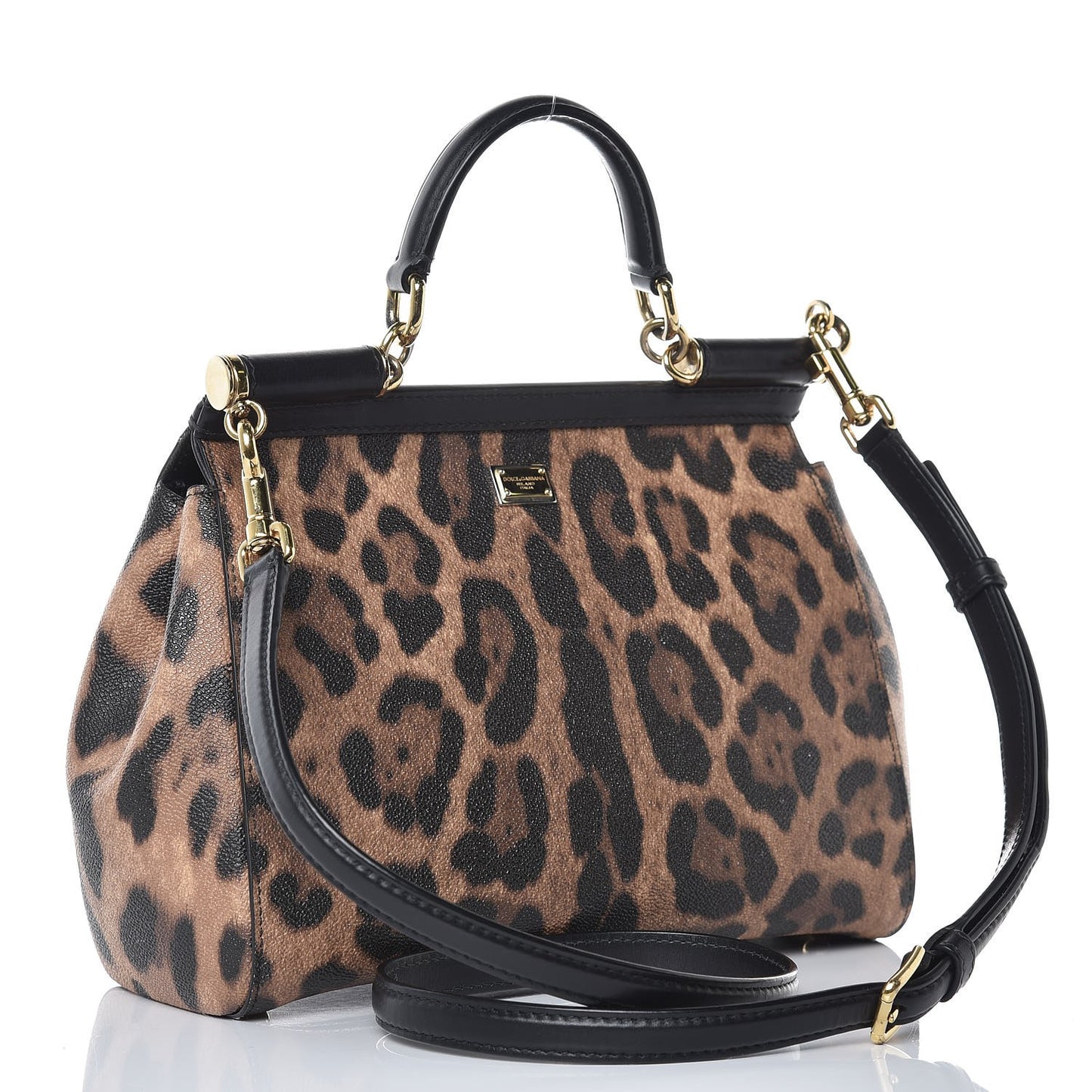 Dauphine Leopard Print Medium DG Family Patch Miss Sicily Satchel Black