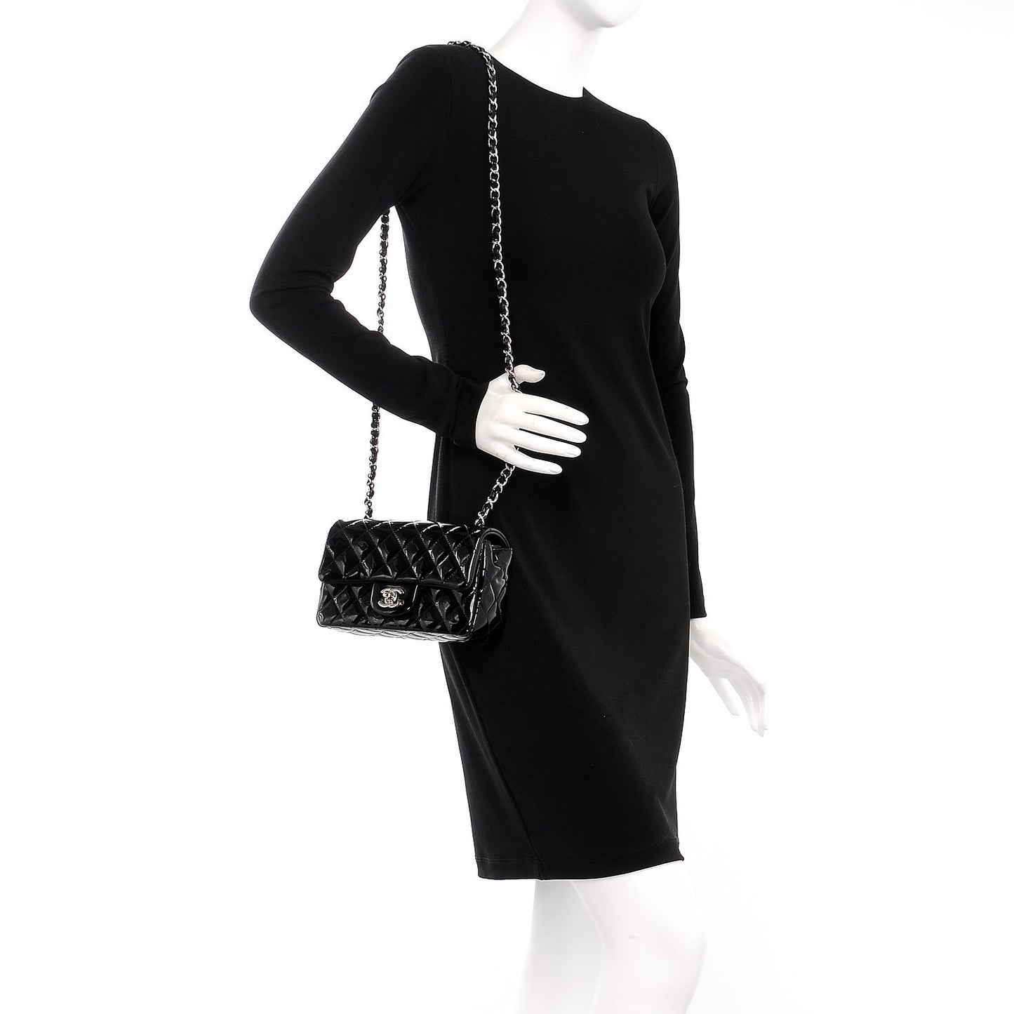 Patent Calfskin Quilted Mini Rectangular Flap Black