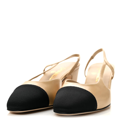 Chanel Goatskin Grosgrain Cap Toe CC Slingback Pumps 38 Beige Black 4 of 10