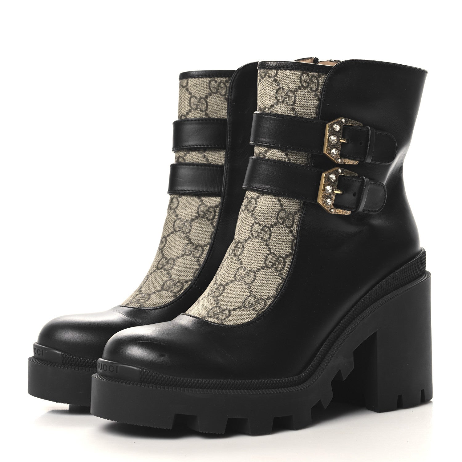 Gucci Kensington Calfskin Nappa GG Supreme Monogram Womens Double Buckle Ankle Boots 40 Black 4 of 9