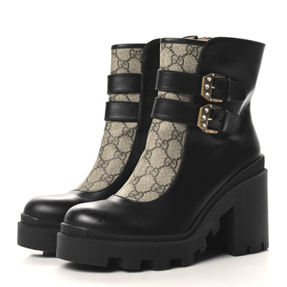 Gucci Kensington Calfskin Nappa GG Supreme Monogram Womens Double Buckle Ankle Boots 40 Black 4 of 9