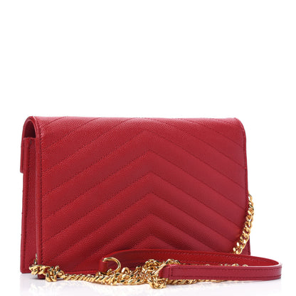 Saint Laurent Grain De Poudre Matelasse Chevron Monogram Envelope Chain Wallet Red 2 of 5