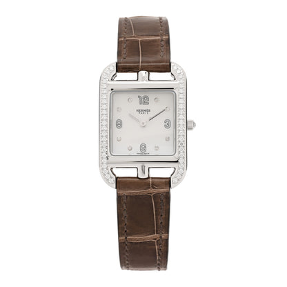 Hermes Stainless Steel Alligator Diamond Bezel Mother of Pearl 23mm Cape Cod Quartz Watch Gris Elephant 1 of 5