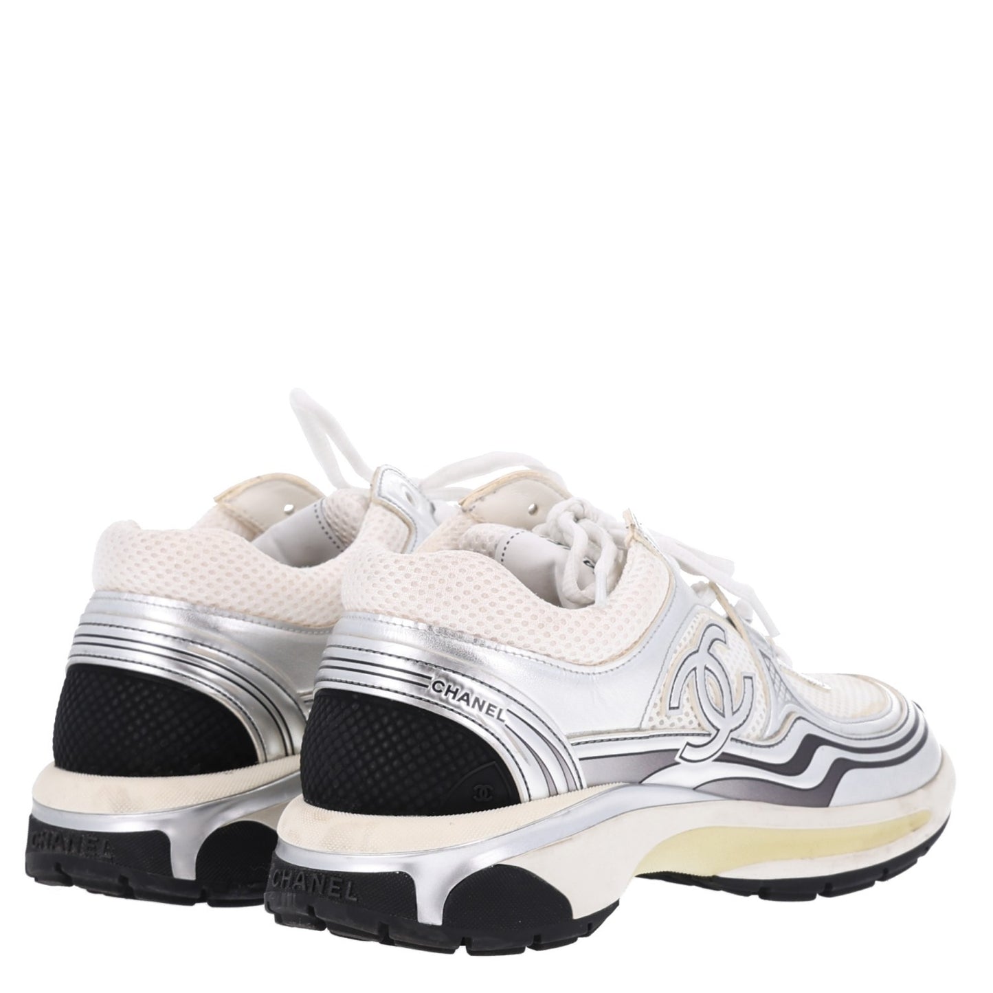 Fabric Laminated Calfskin Stretch CC Womens Sneakers 39 White Silver