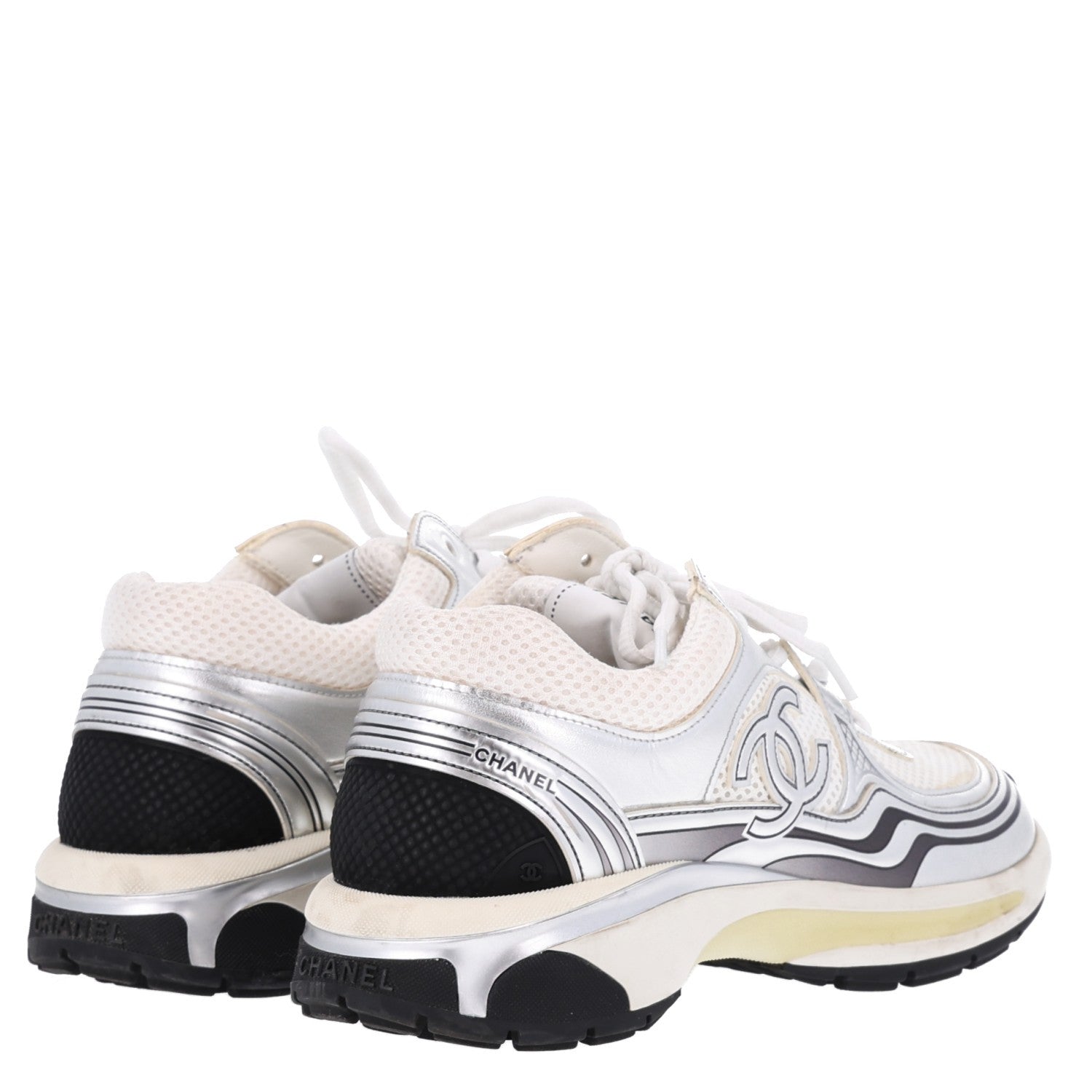 Chanel Fabric Laminated Calfskin Stretch CC Womens Sneakers 39 White Silver 5 of 10