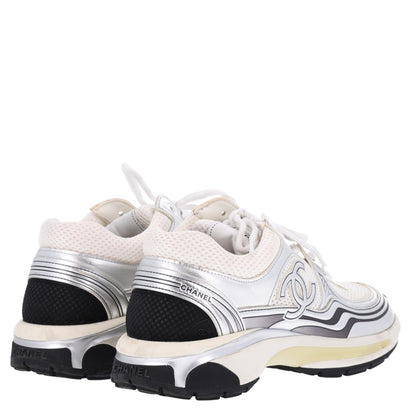 Chanel Fabric Laminated Calfskin Stretch CC Womens Sneakers 39 White Silver 5 of 10