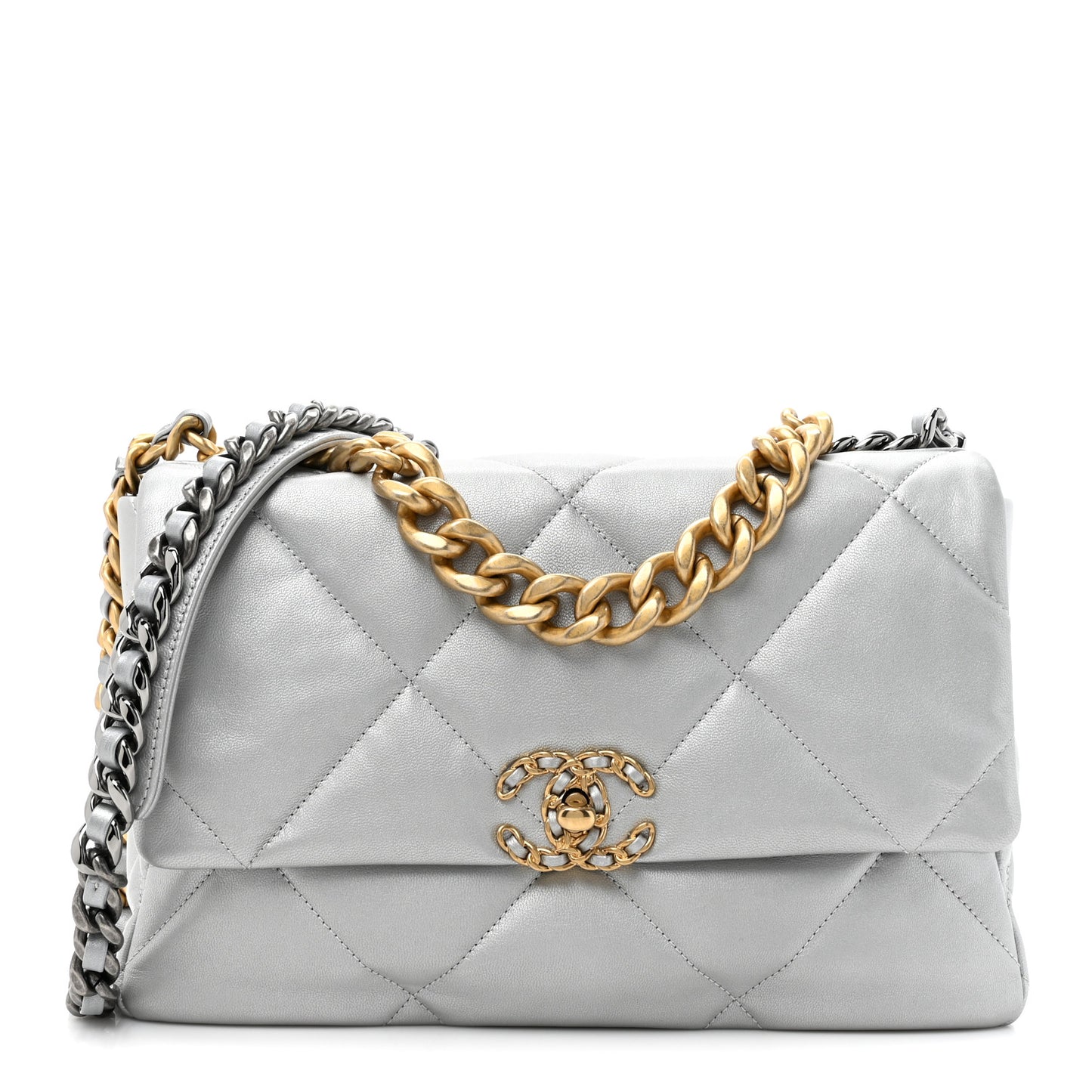 Metallic Goatskin Quilted Large Chanel 19 Flap Silver