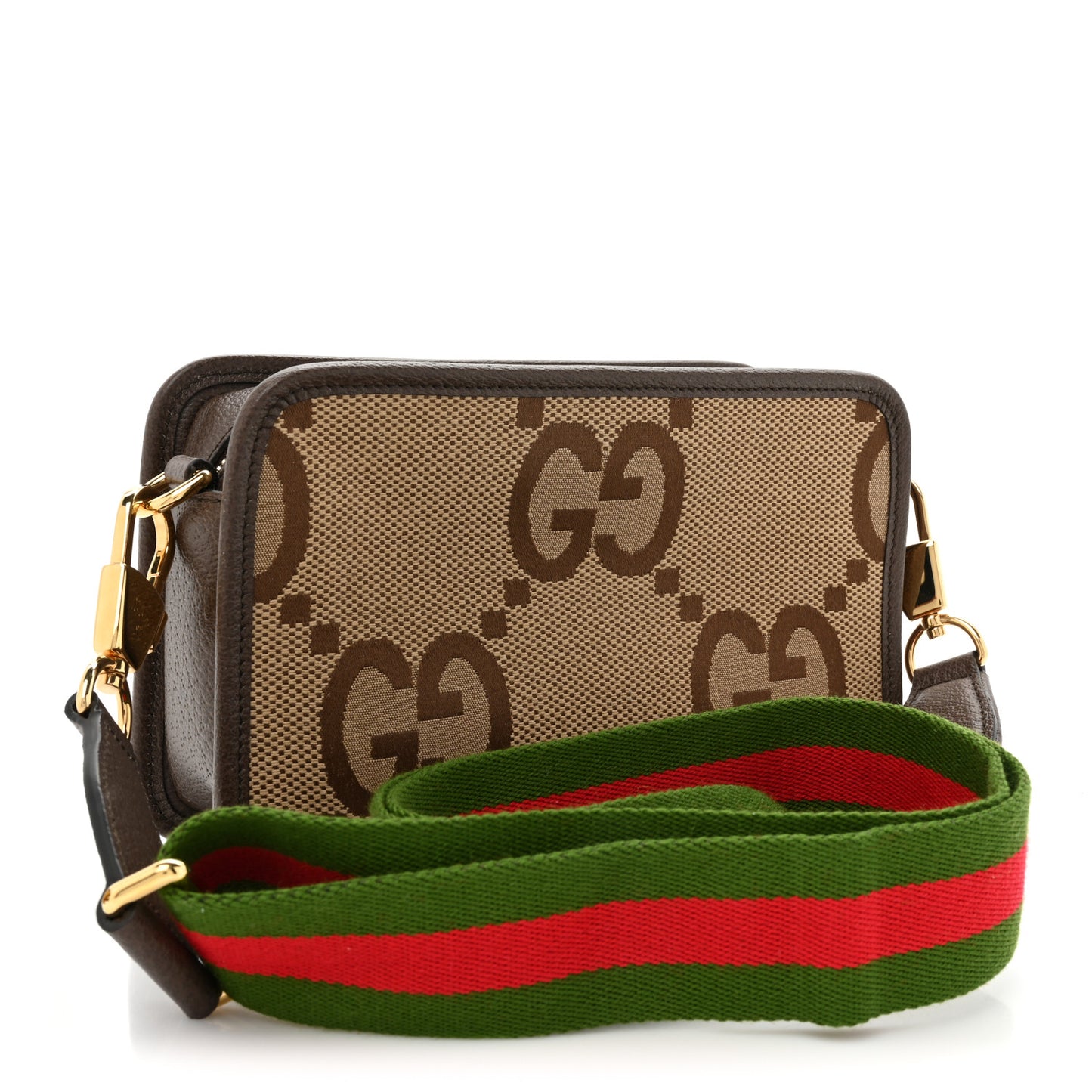 Monogram Jumbo GG Textured Dollar Calfskin Web Mini Crossbody Bag Camel Ebony New Acero