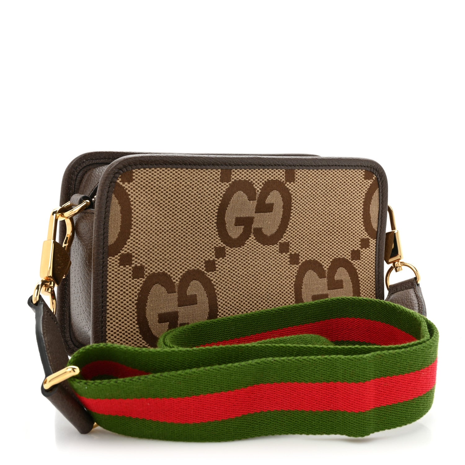 Gucci Monogram Jumbo GG Textured Dollar Calfskin Web Mini Crossbody Bag Camel Ebony New Acero 3 of 11
