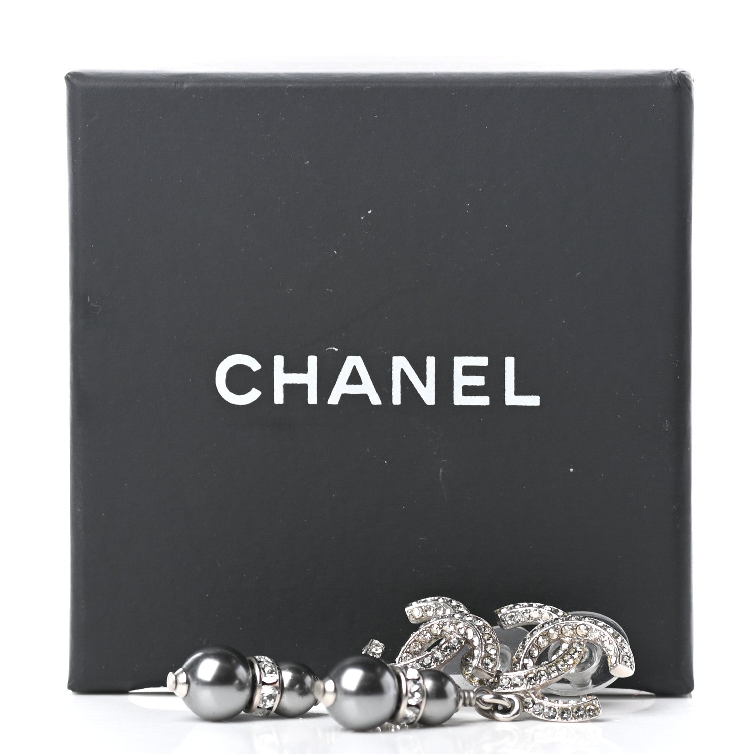 Chanel Crystal Pearl CC Drop Earrings Silver Grey 5 of 5