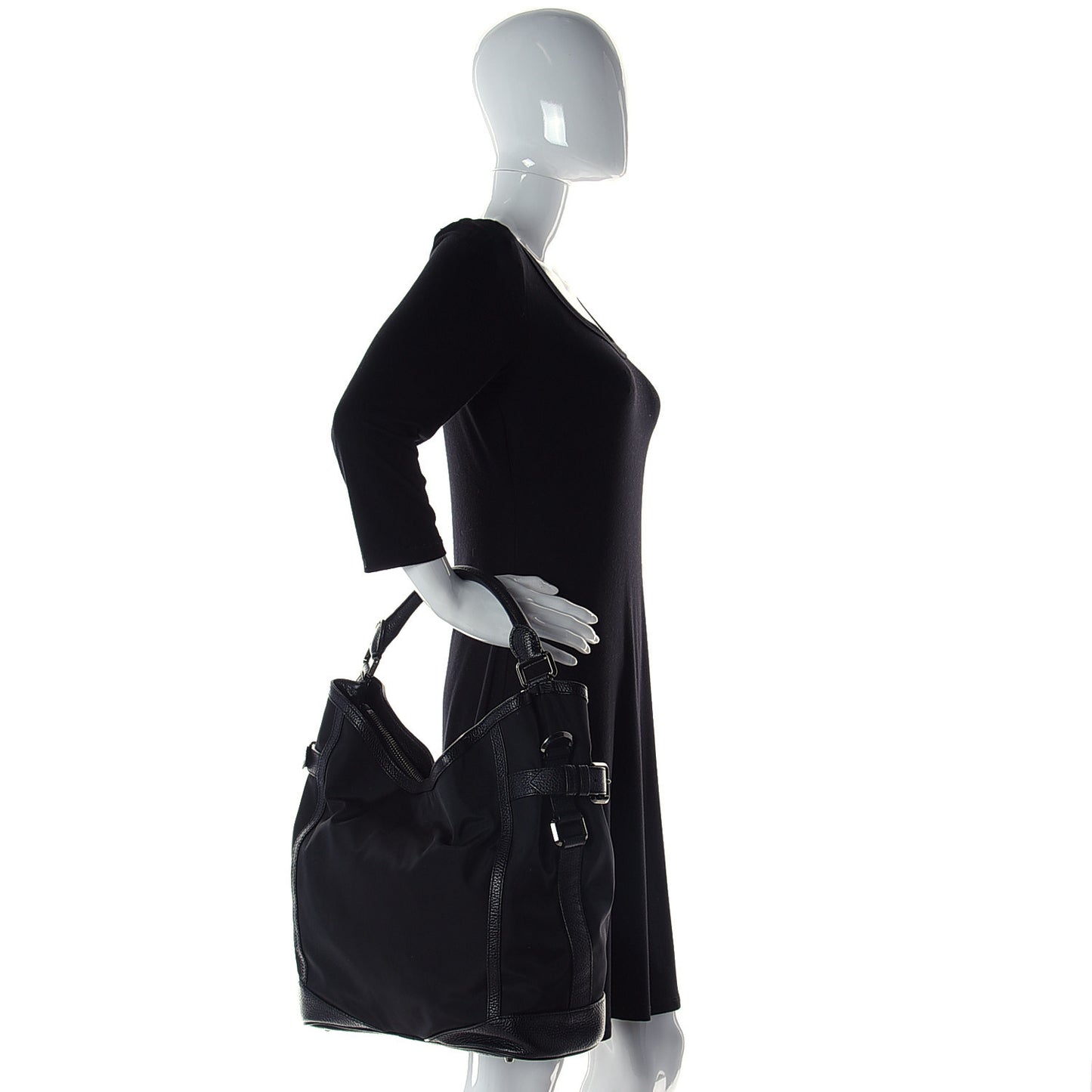 Nylon Calfskin Logo Hobo Black