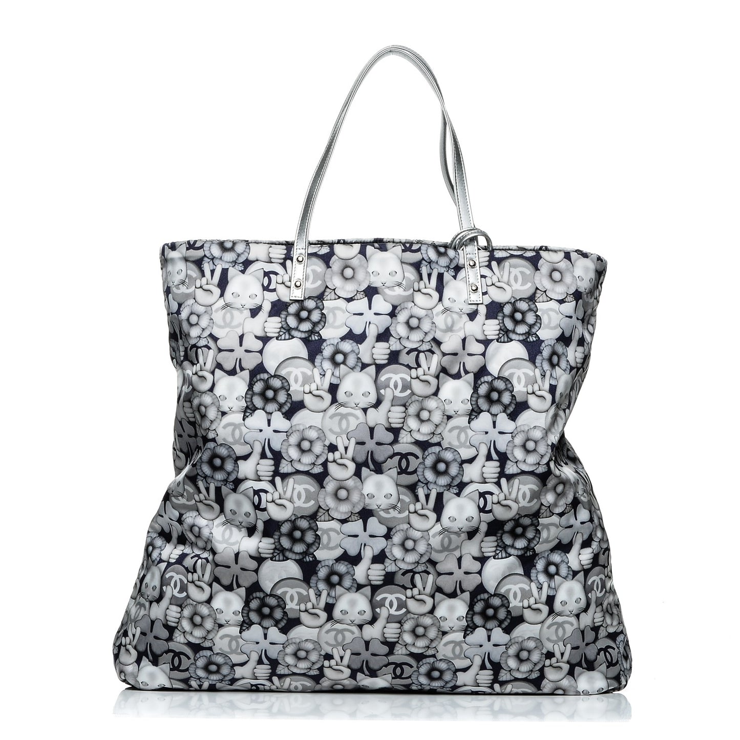 Nylon Cat Emoticon Tote Navy Silver
