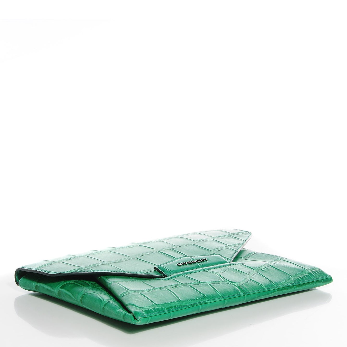 Calfskin Crocodile Embossed Medium Antigona Envelope Clutch Emerald