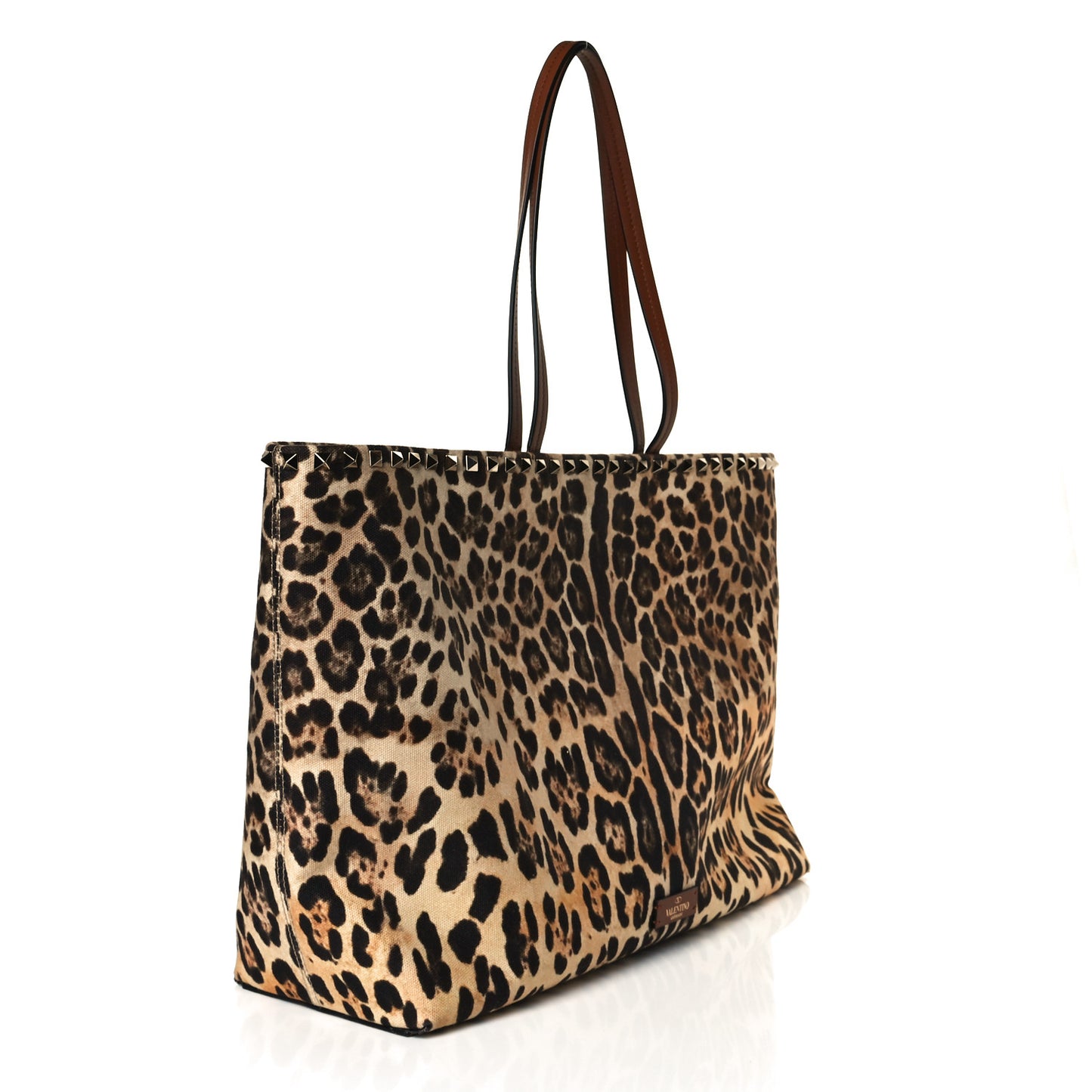 Canvas Nappa Leopard Print Rockstud Tote Brown