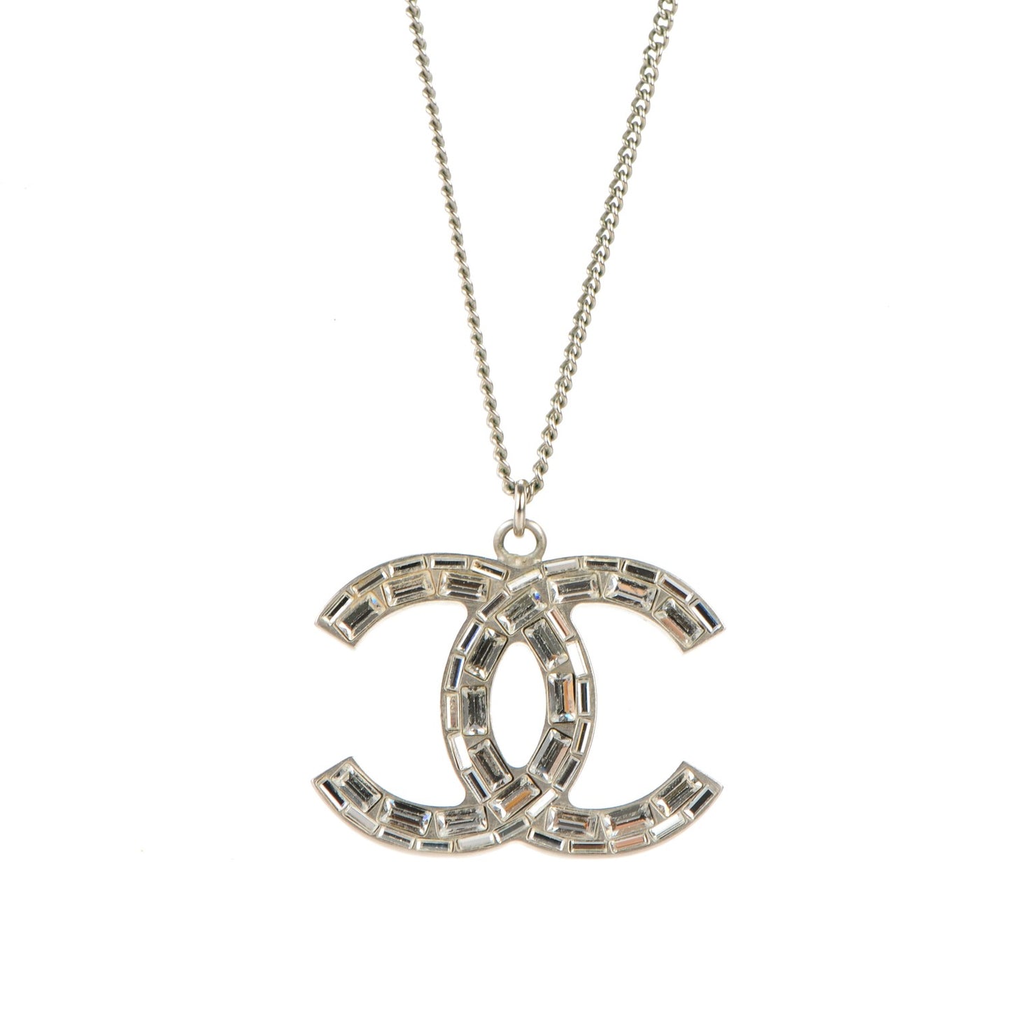 Baguette Crystal Glitter Large CC Necklace Silver
