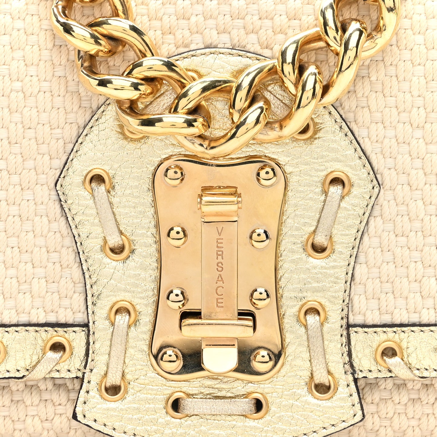 Woven Canvas Metallic Calfskin Stitched Shoulder Bag Beige Gold