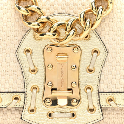 Versace Woven Canvas Metallic Calfskin Stitched Shoulder Bag Beige Gold 7 of 9