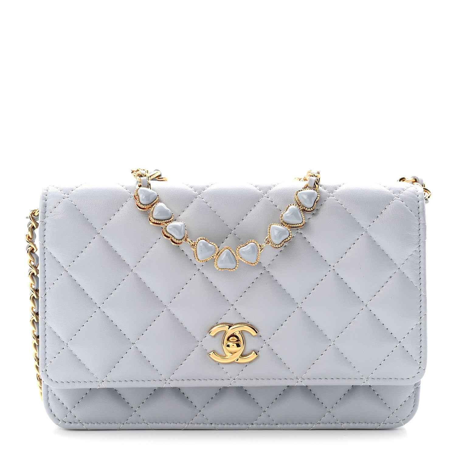 Chanel Lambskin Quilted Hearts CC Wallet On Chain WOC Light Blue 1 of 12