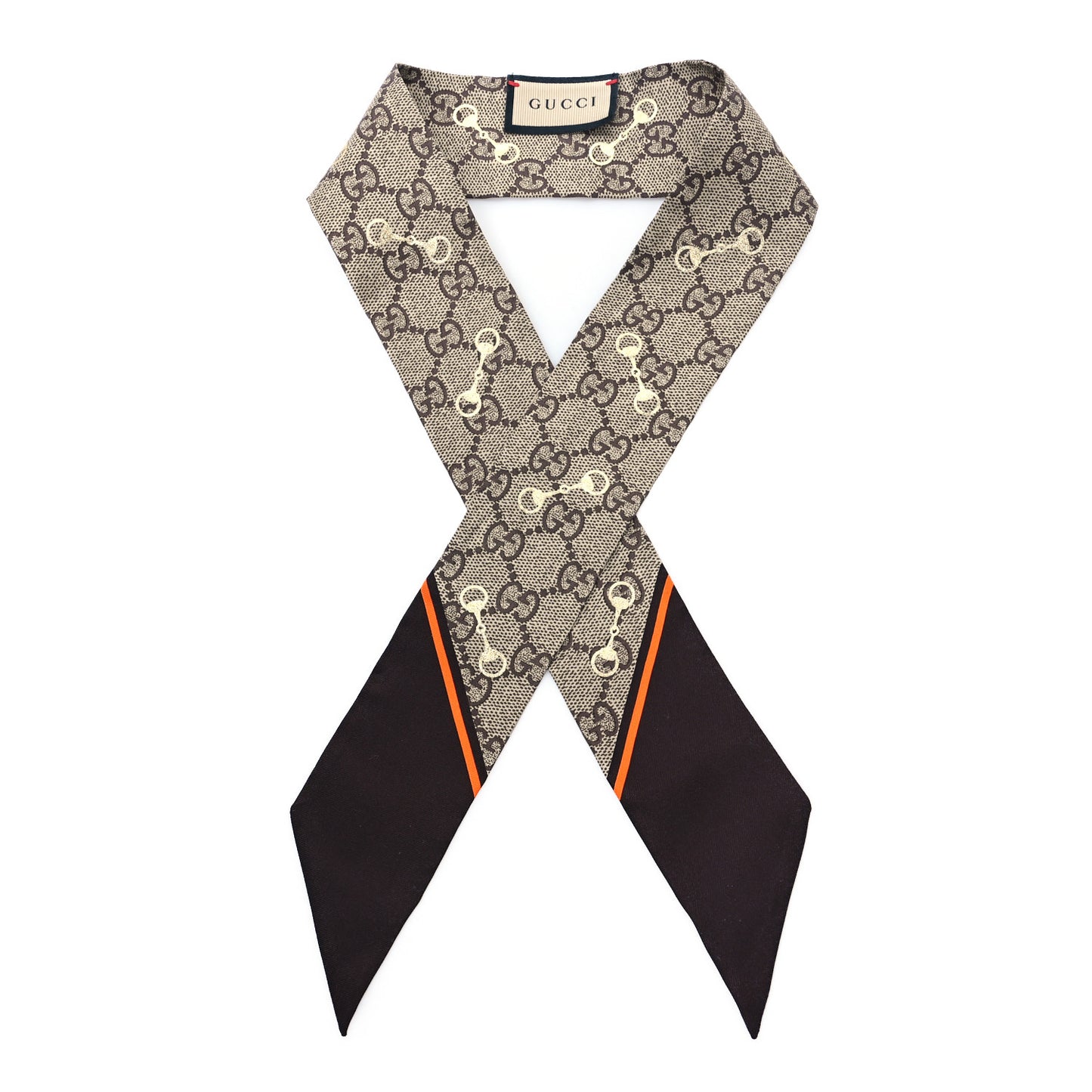 Silk Twill GG Monogram Gold Horsebity Neck Bow Scarf Brown Orange
