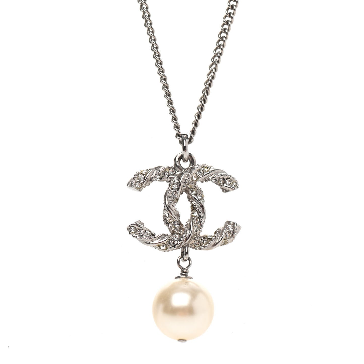 Crystal Pearl Twisted CC Drop Necklace Silver