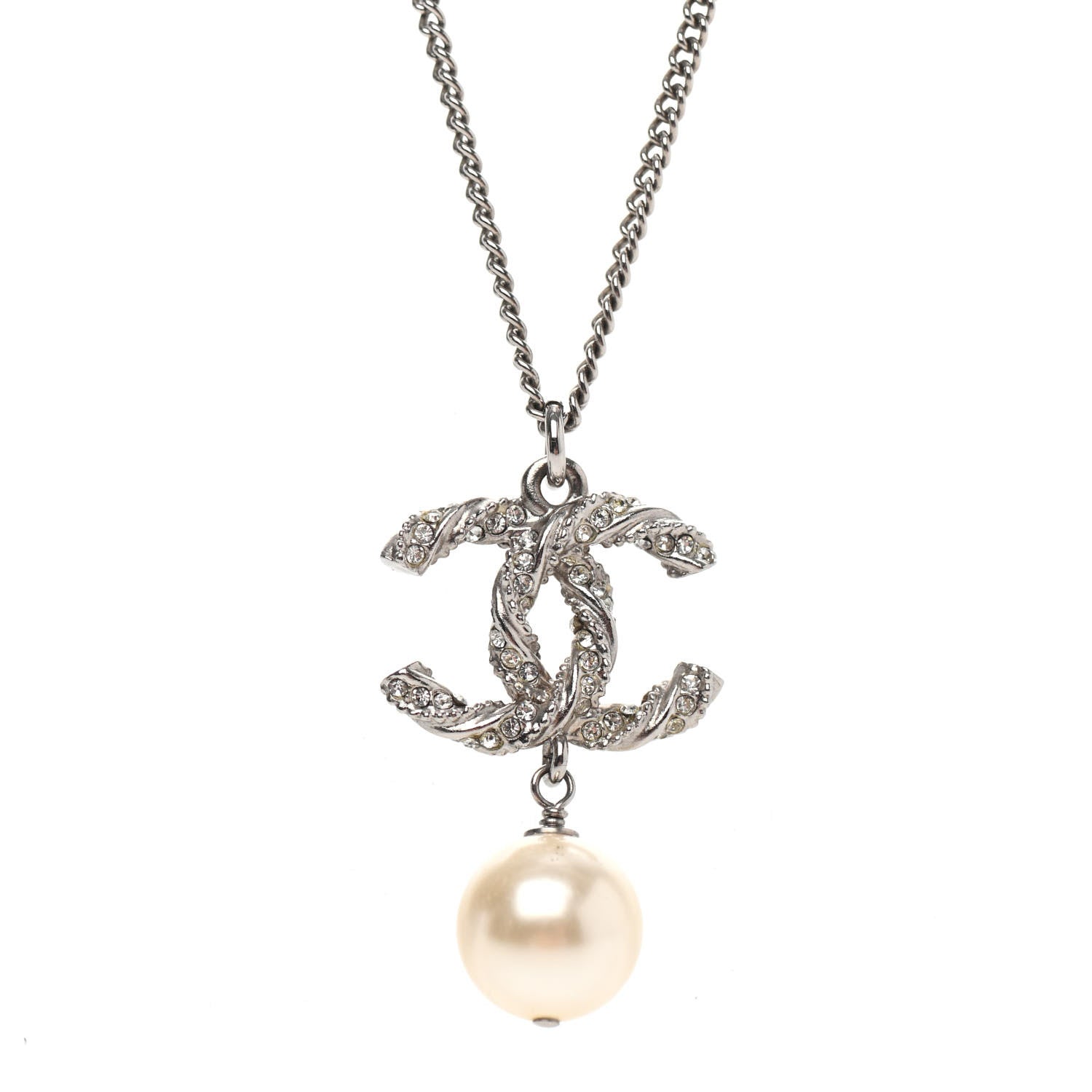 Chanel Crystal Pearl Twisted CC Drop Necklace Silver 3 of 4