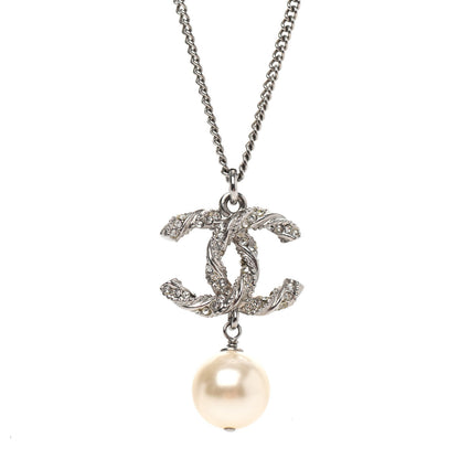 Chanel Crystal Pearl Twisted CC Drop Necklace Silver 3 of 4