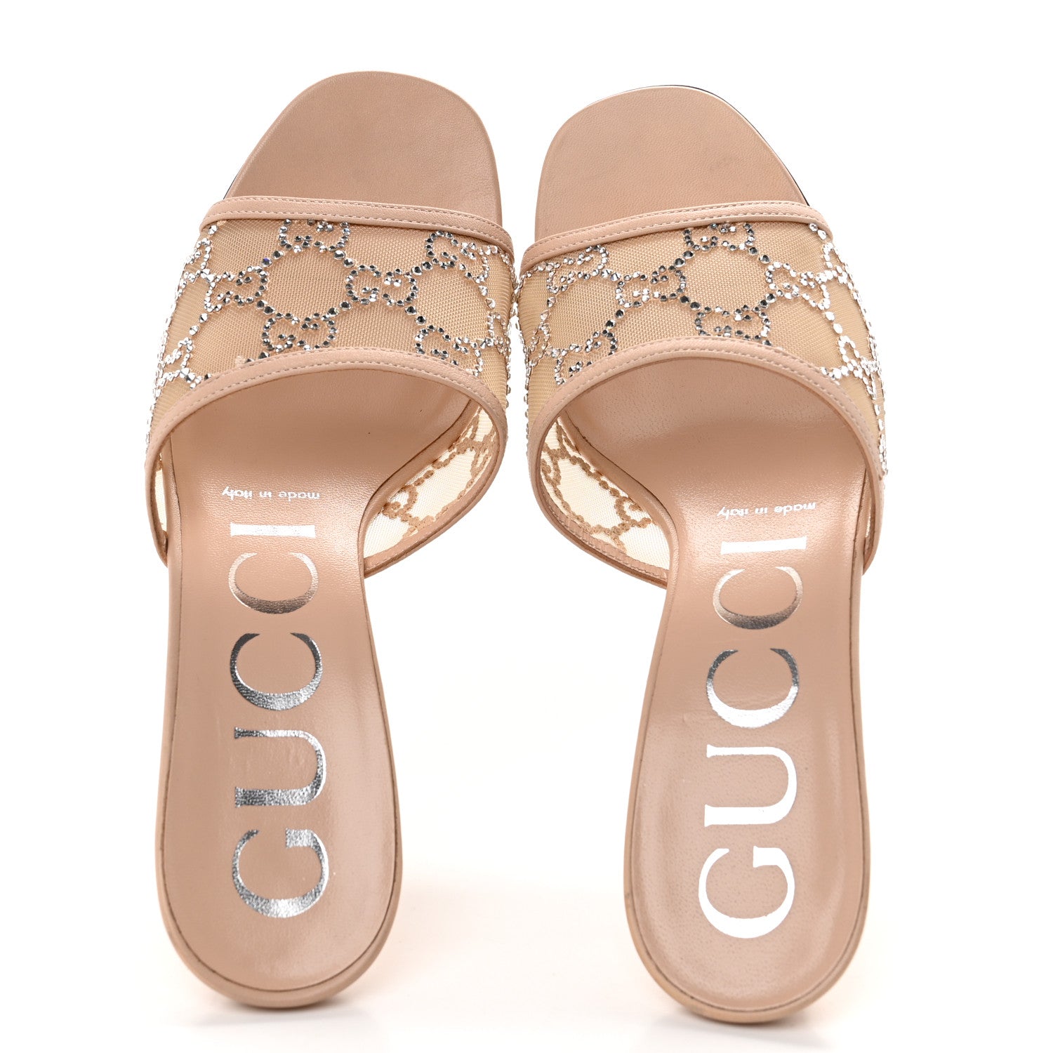 GUCCI サンダル 37 ピンク ベージュ Gucci Tela Retino Kid Scamosciato Crystal GG Monogram Square Demi