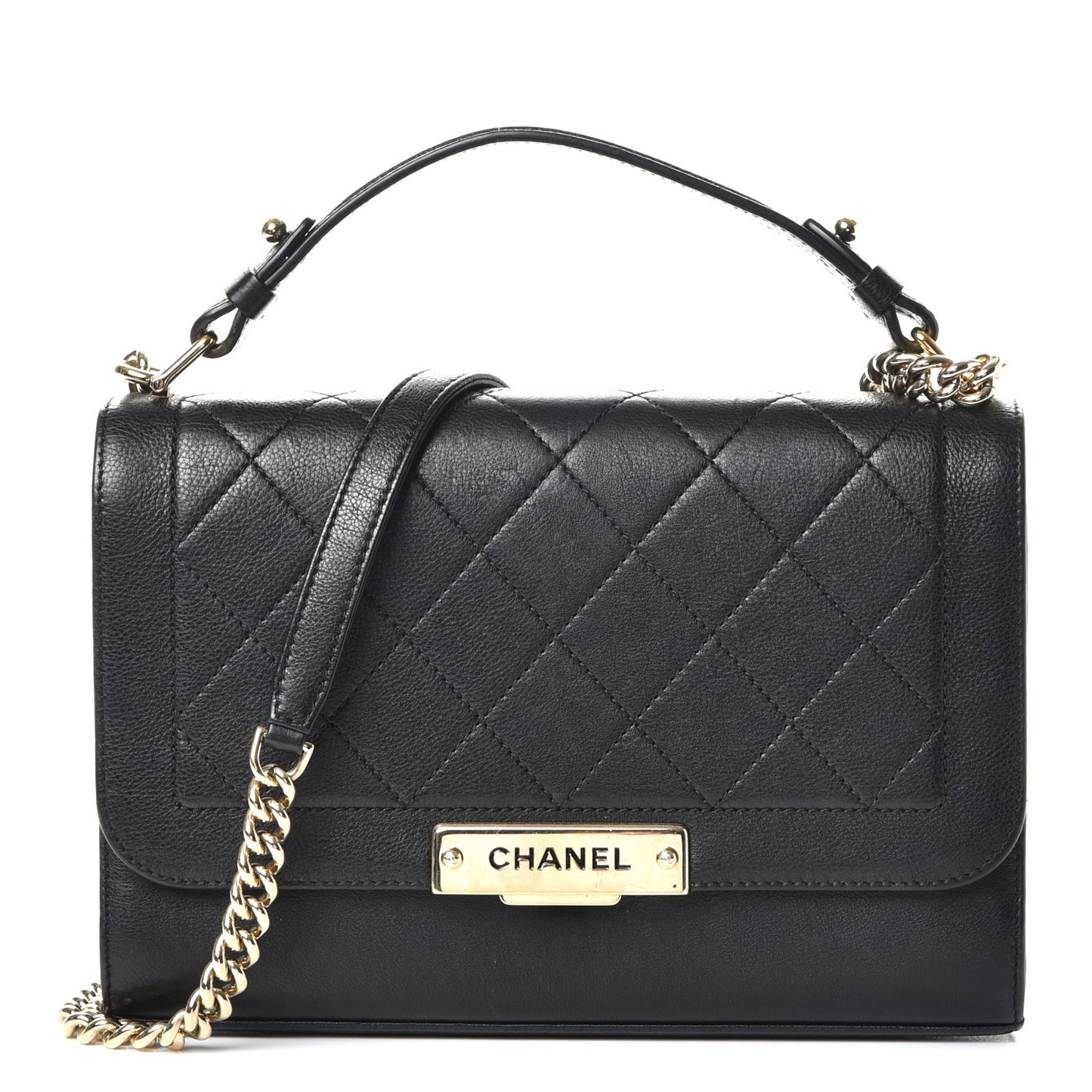 Grained Calfskin Quilted Medium Label Click Flap Bag Black