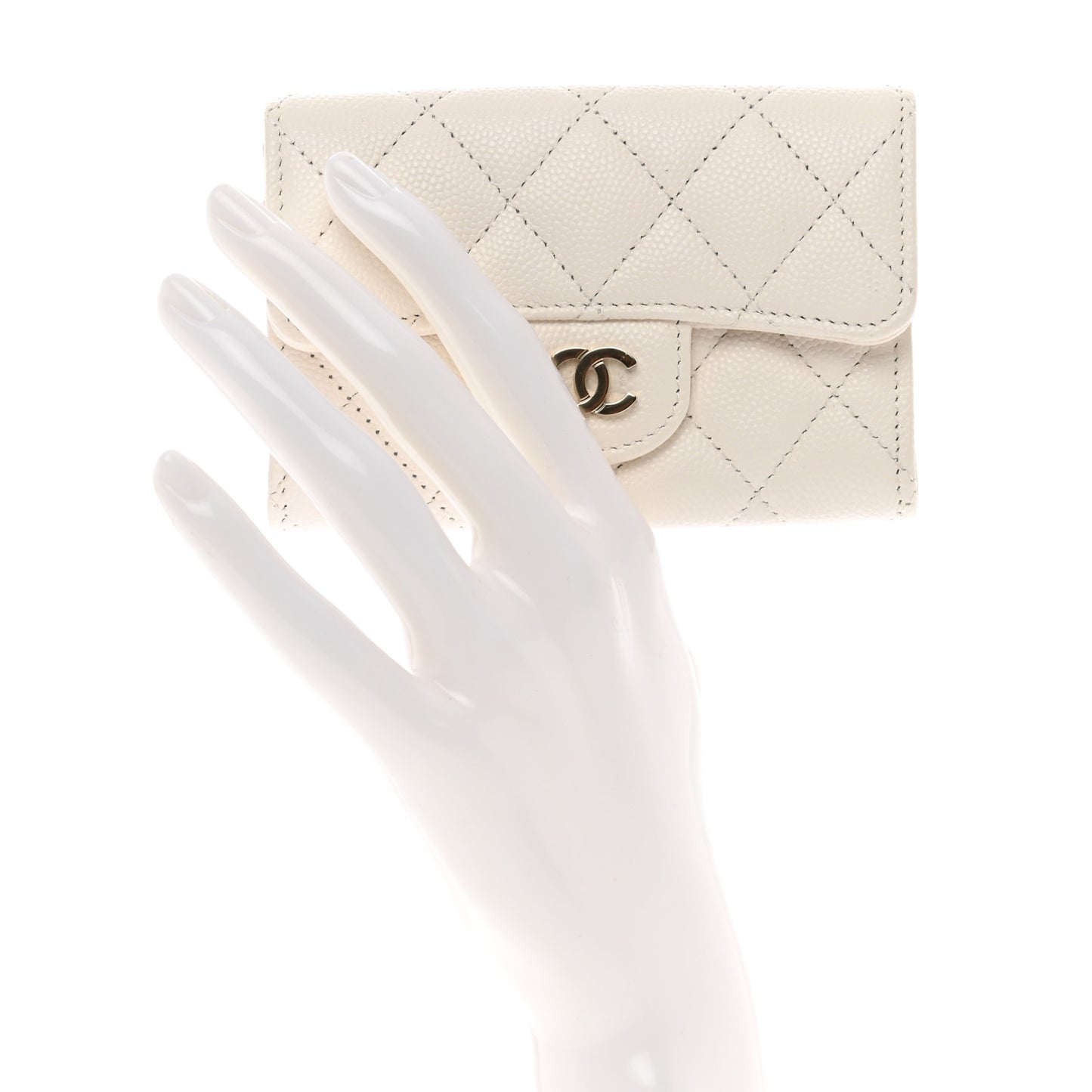 Caviar Quilted Flap Card Holder Wallet White