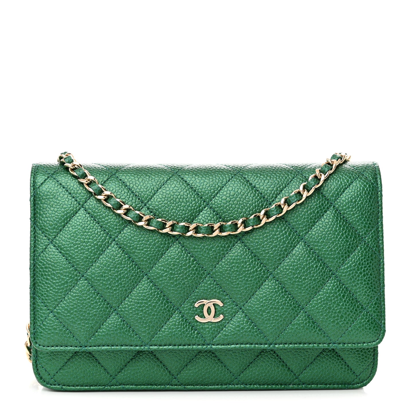 Metallic Caviar Quilted Wallet On Chain WOC Green