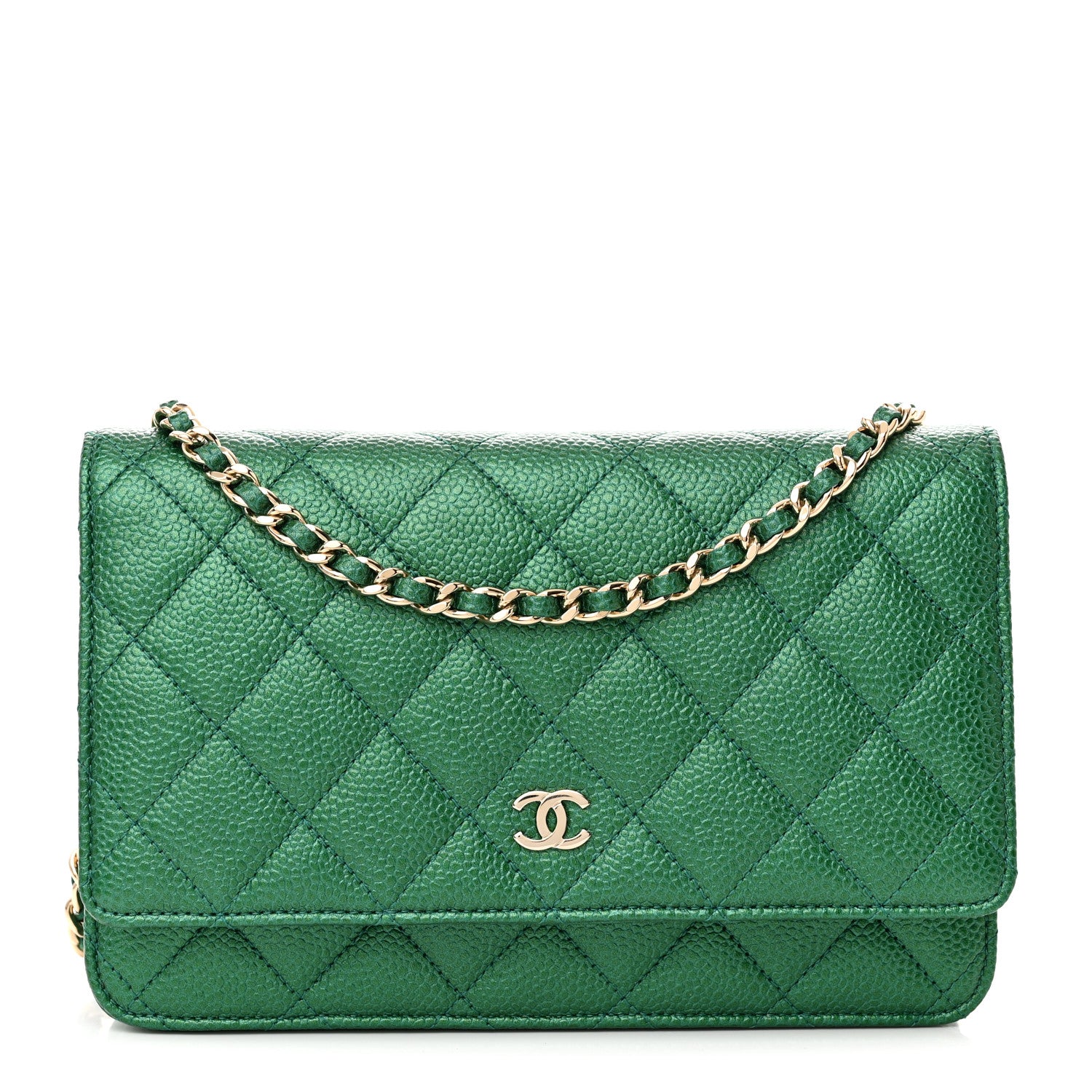 Chanel Metallic Caviar Quilted Wallet On Chain WOC Green 1 of 12