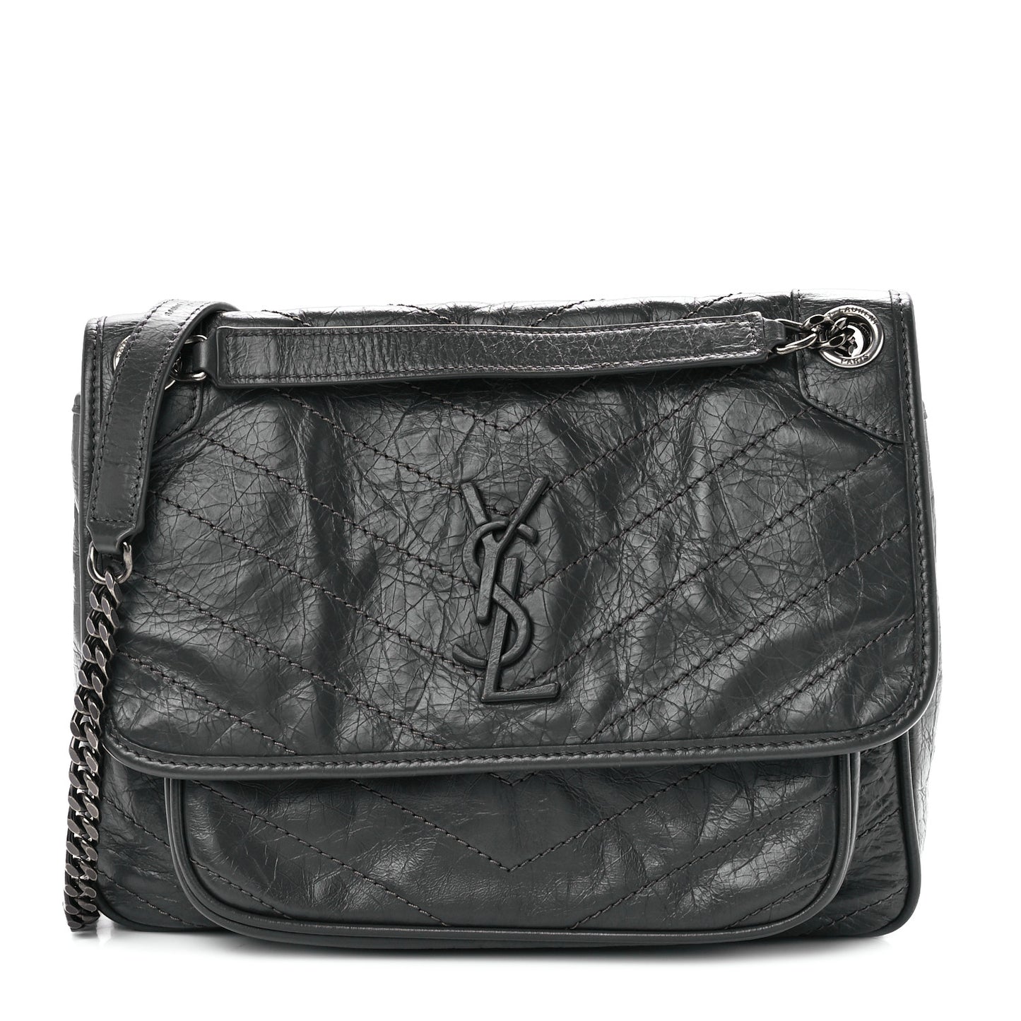 Crinkled Calfskin Matelasse Monogram Baby Niki Chain Satchel Storm