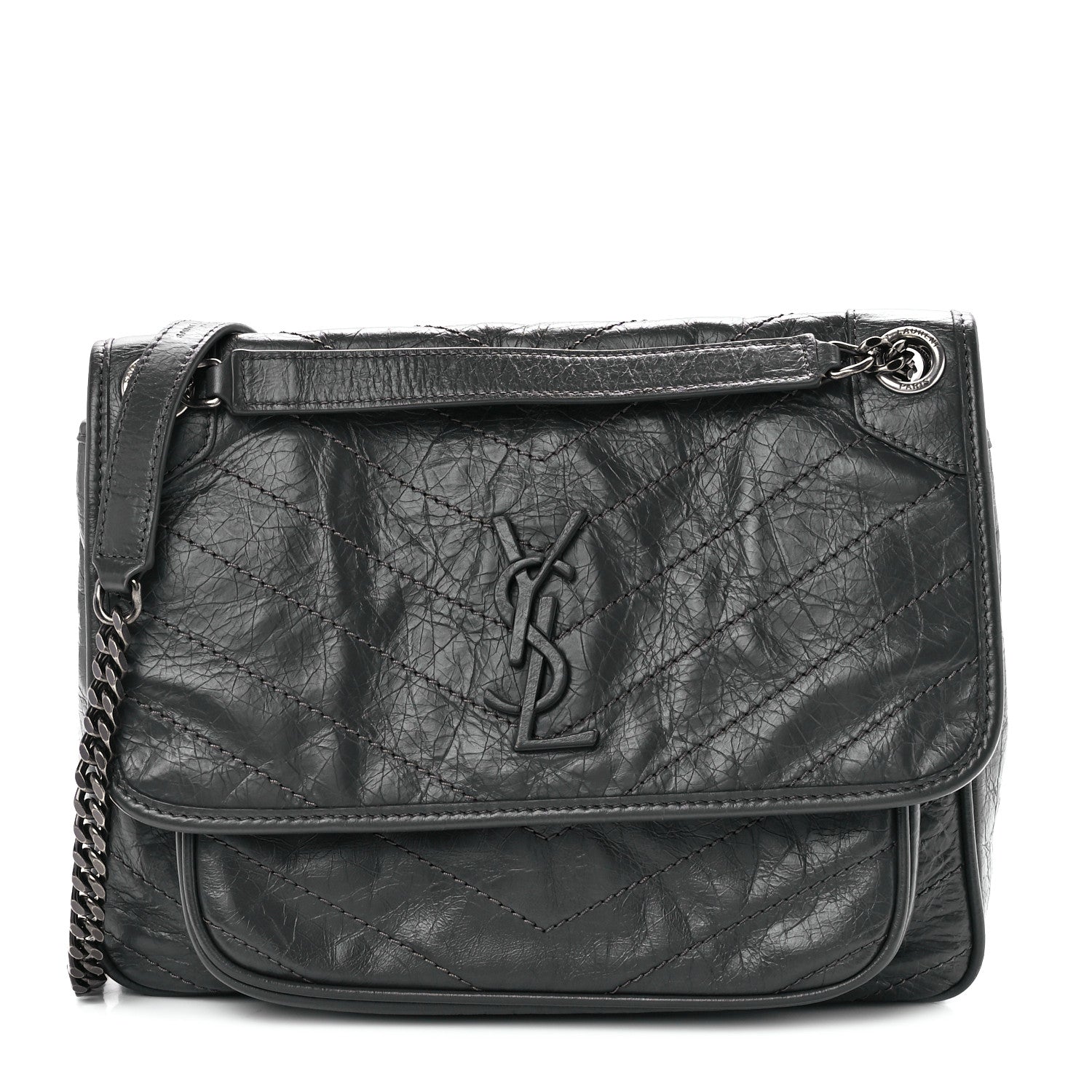 Saint Laurent Crinkled Calfskin Matelasse Monogram Baby Niki Chain Satchel Storm 1 of 11