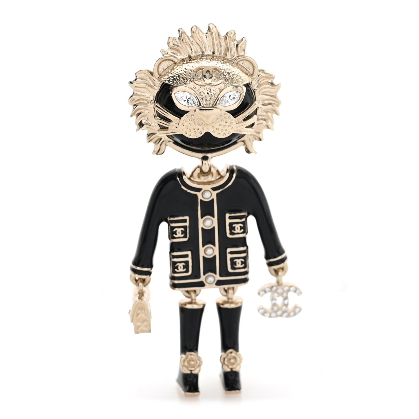 Enamel Crystal Pearl CC Lion Brooch Black White