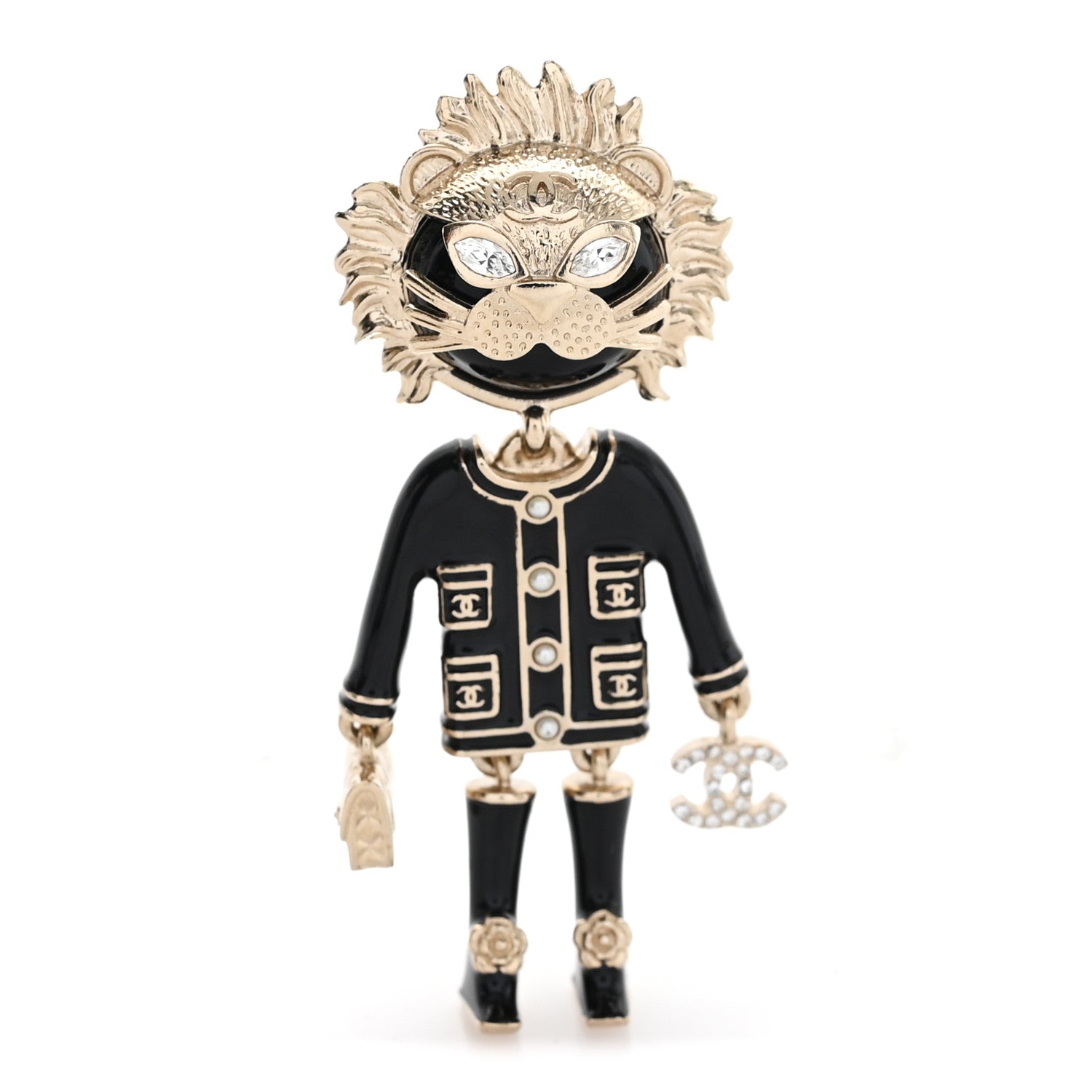 Chanel Enamel Crystal Pearl CC Lion Brooch Black White 1 of 4