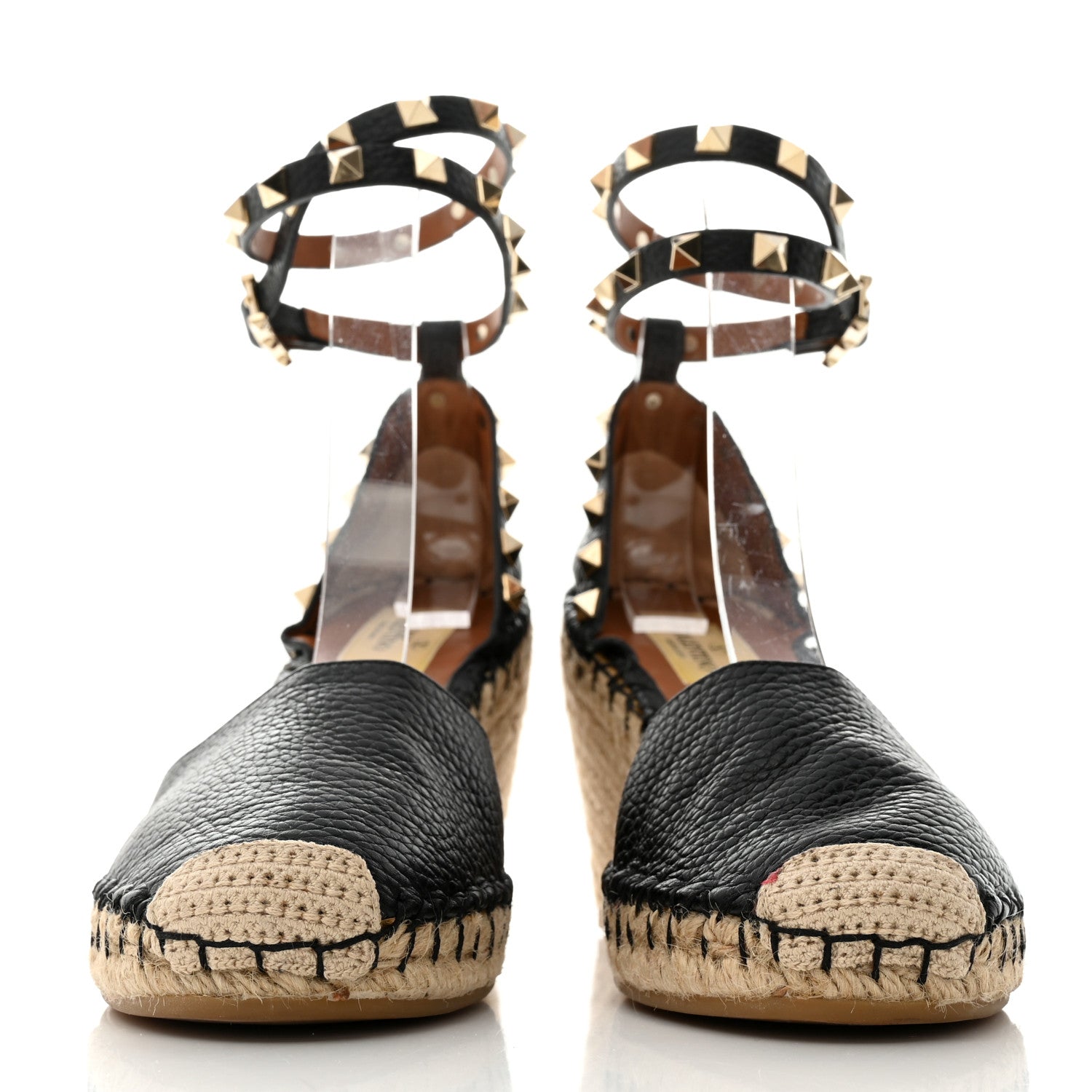 Valentino Garavani Grained Calfskin Rockstud Ankle Wrap Espadrille 15/85mm Wedges 37 Black Light Cuir 2 of 9