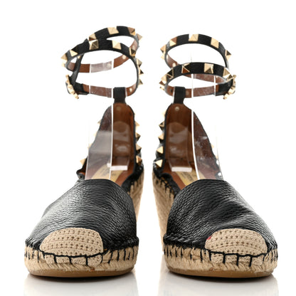 Valentino Garavani Grained Calfskin Rockstud Ankle Wrap Espadrille 15/85mm Wedges 37 Black Light Cuir 2 of 9