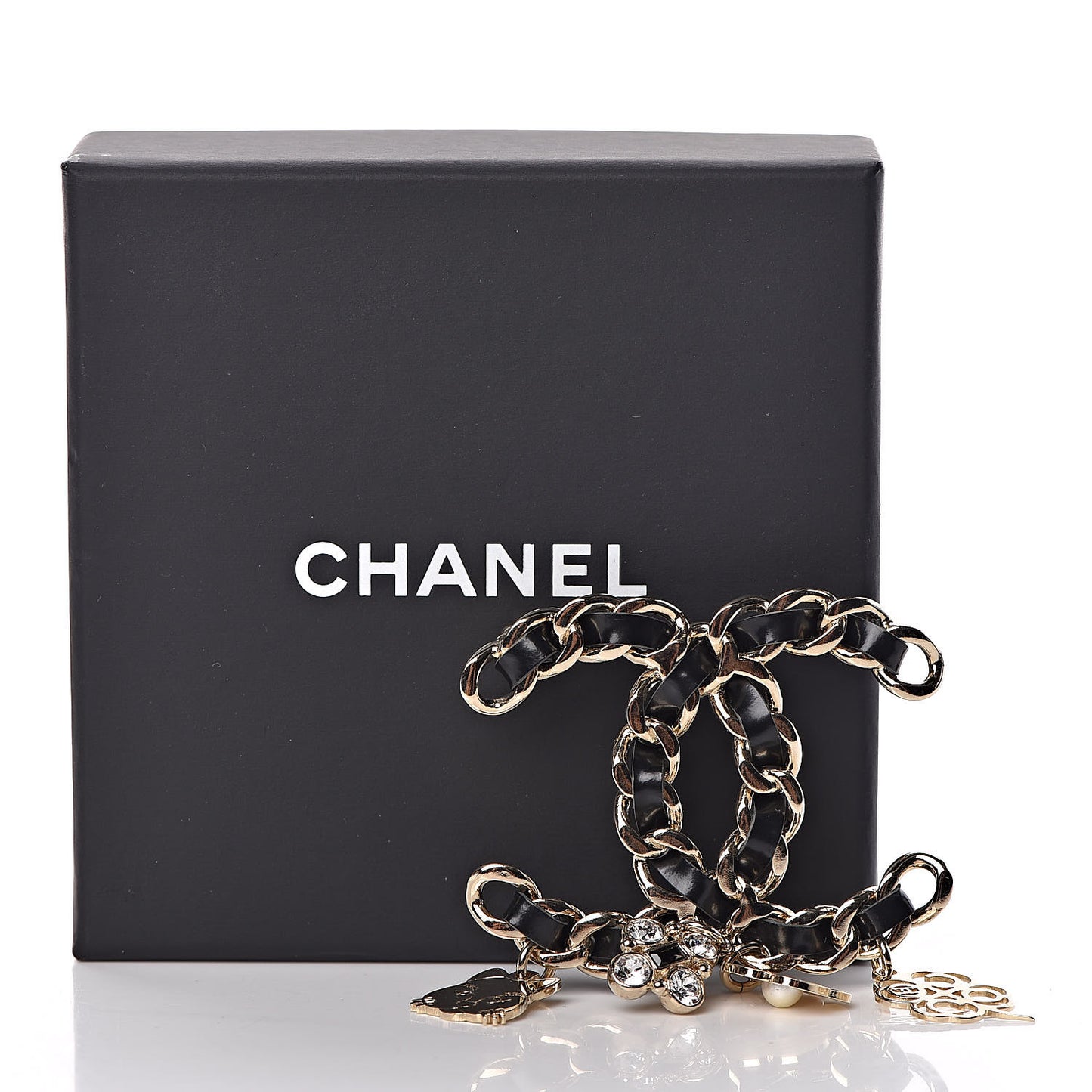 Lambskin Crystal Chain CC Charms Brooch Black Gold