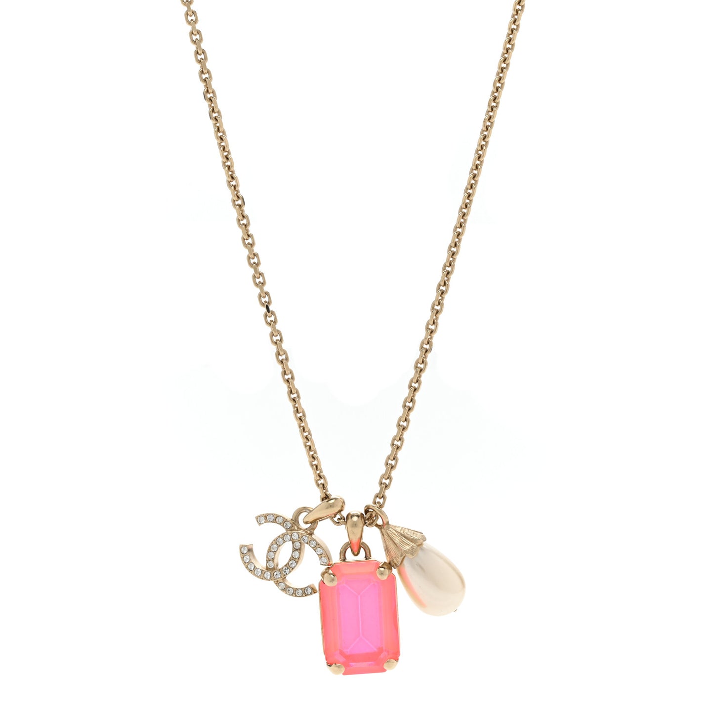 Metal Crystal Pearl CC Necklace Gold Pink