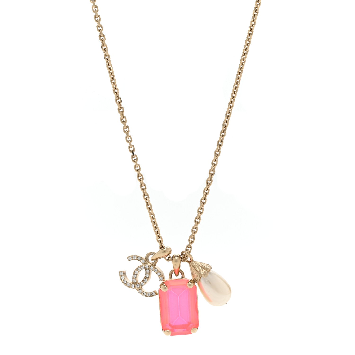 Chanel Metal Crystal Pearl CC Necklace Gold Pink 1 of 6