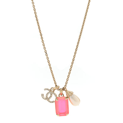 Chanel Metal Crystal Pearl CC Necklace Gold Pink 1 of 6