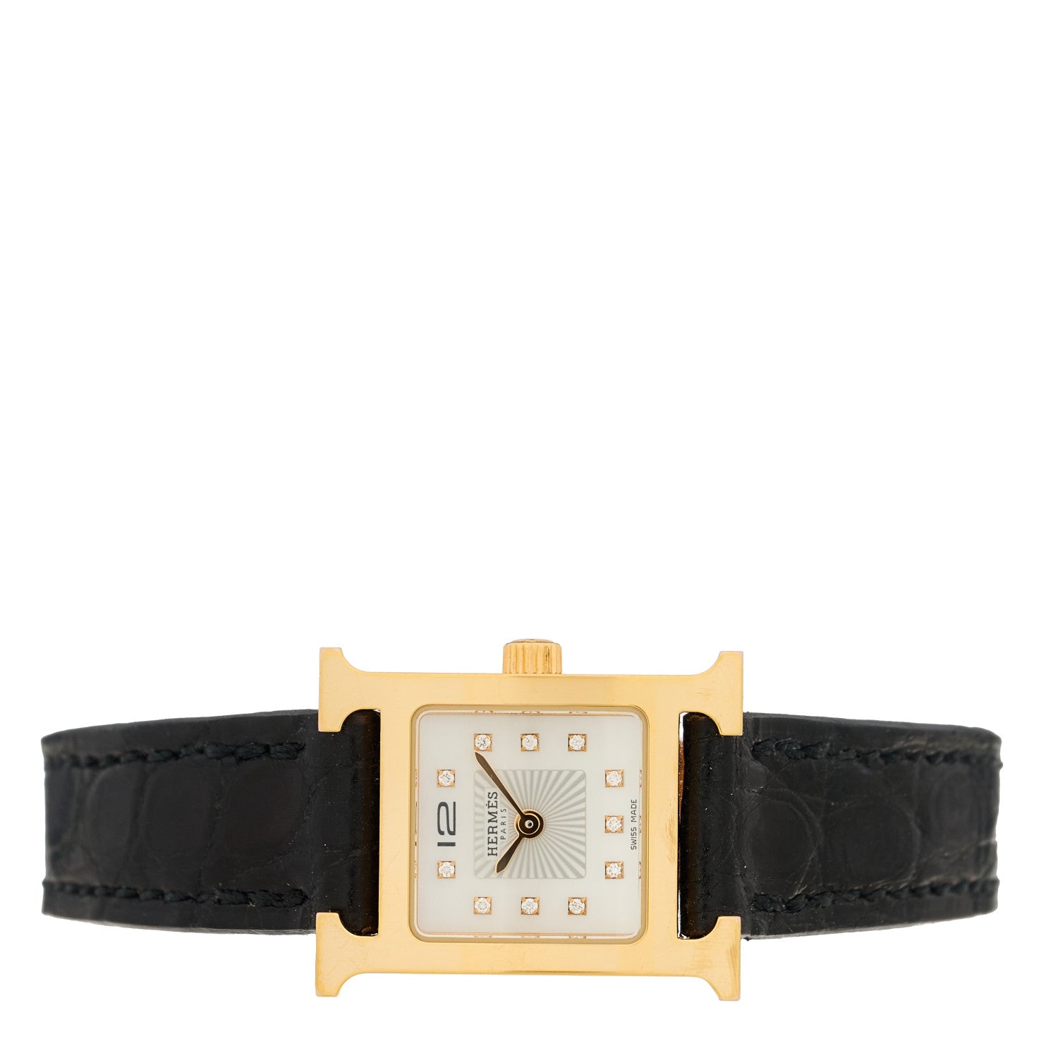 Hermes Stainless Steel Alligator Diamond Mother of Pearl 17.2mm Heure H Hour Quartz Watch Noir 2 of 5