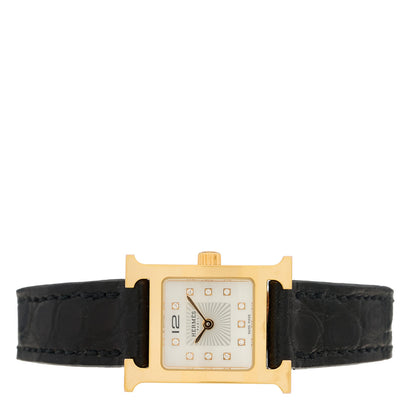 Hermes Stainless Steel Alligator Diamond Mother of Pearl 17.2mm Heure H Hour Quartz Watch Noir 2 of 5