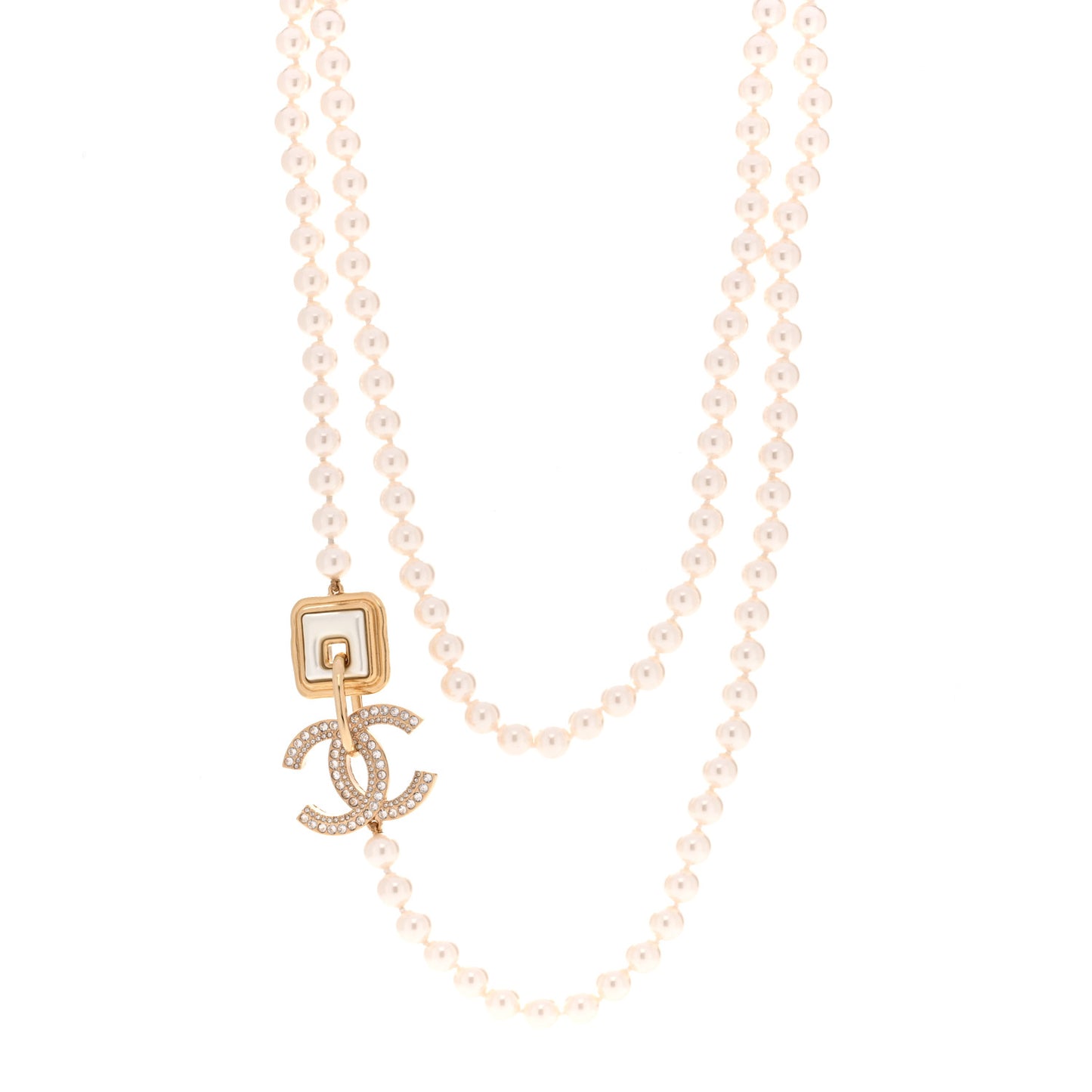 Pearl Crystal CC Square Long Necklace Gold Pearly White