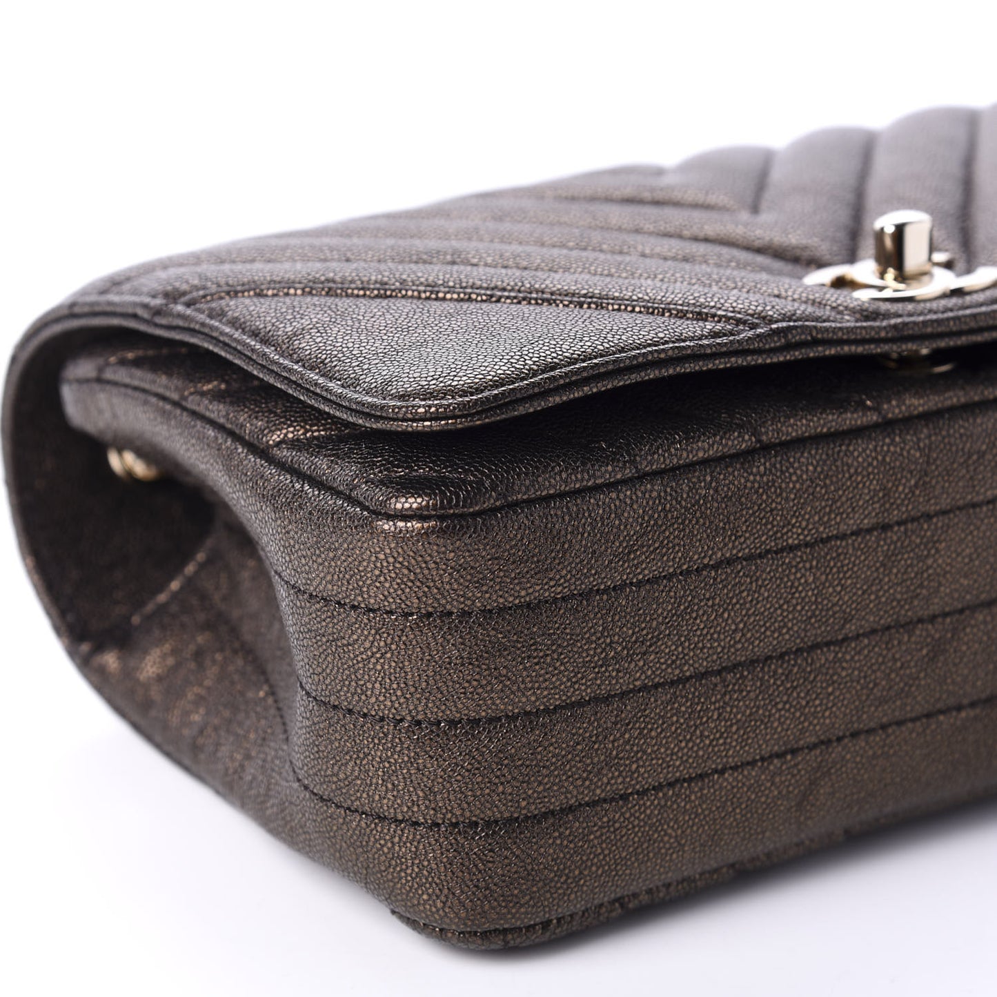 Metallic Caviar Chevron Quilted Mini Statement Flap Bronze