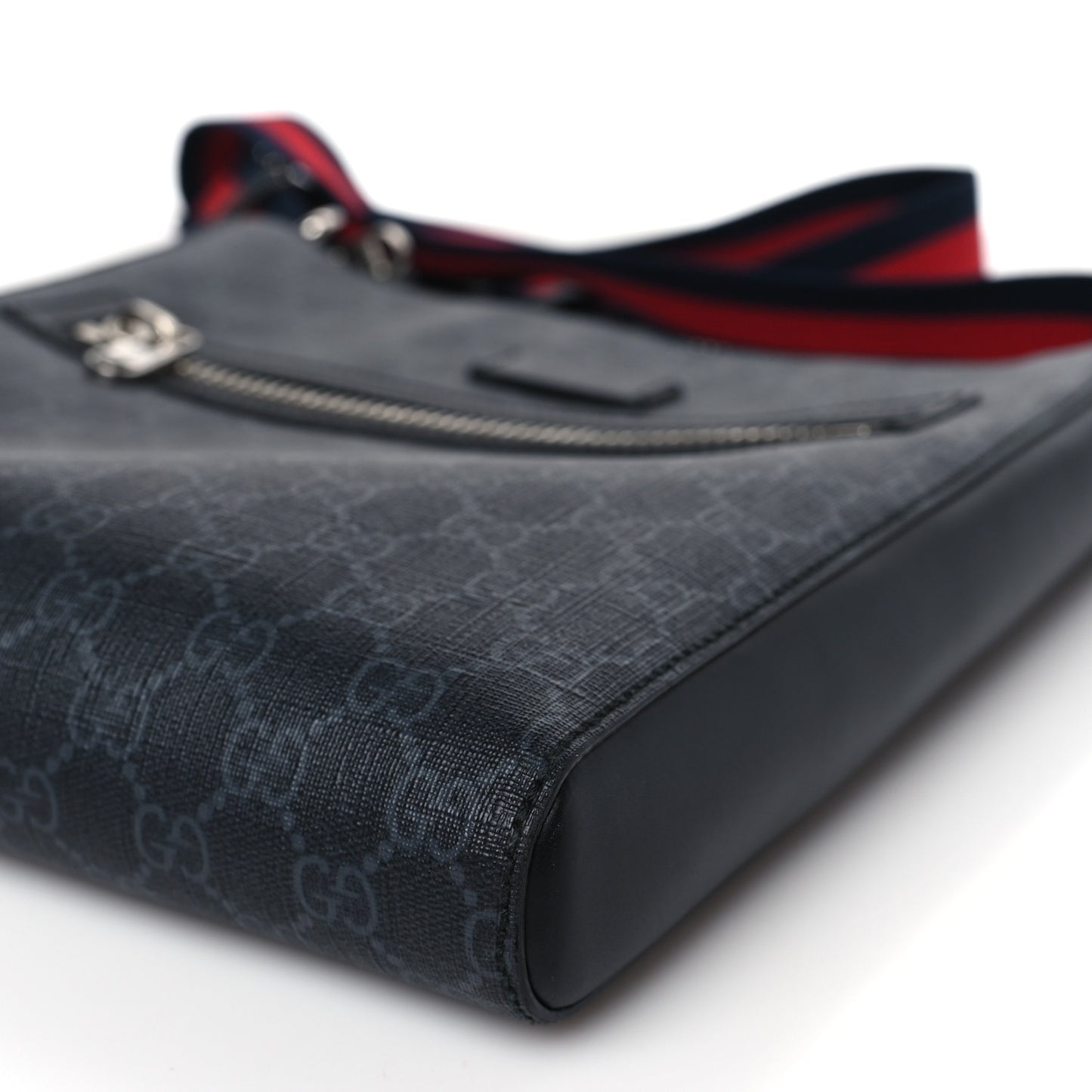 GG Supreme Monogram Appia Calfskin Web Flat Messenger Bag Black Grey
