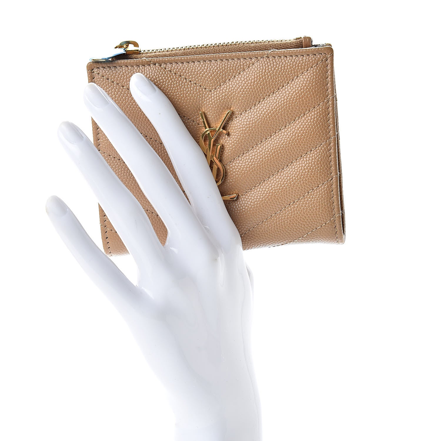 Saint Laurent Grain De Poudre Matelasse Chevron Monogram Zipped Card Case Deep Beige 2 of 8