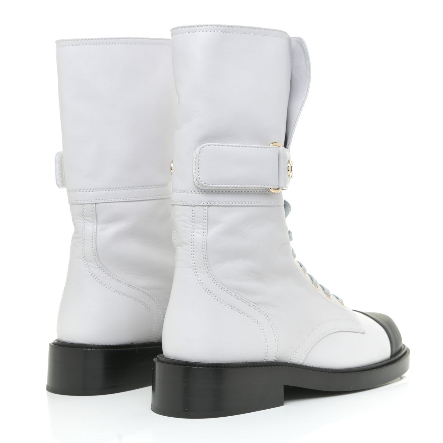 Calfskin Lace Up Logo Mid Calf Combat Boots 37 White Black